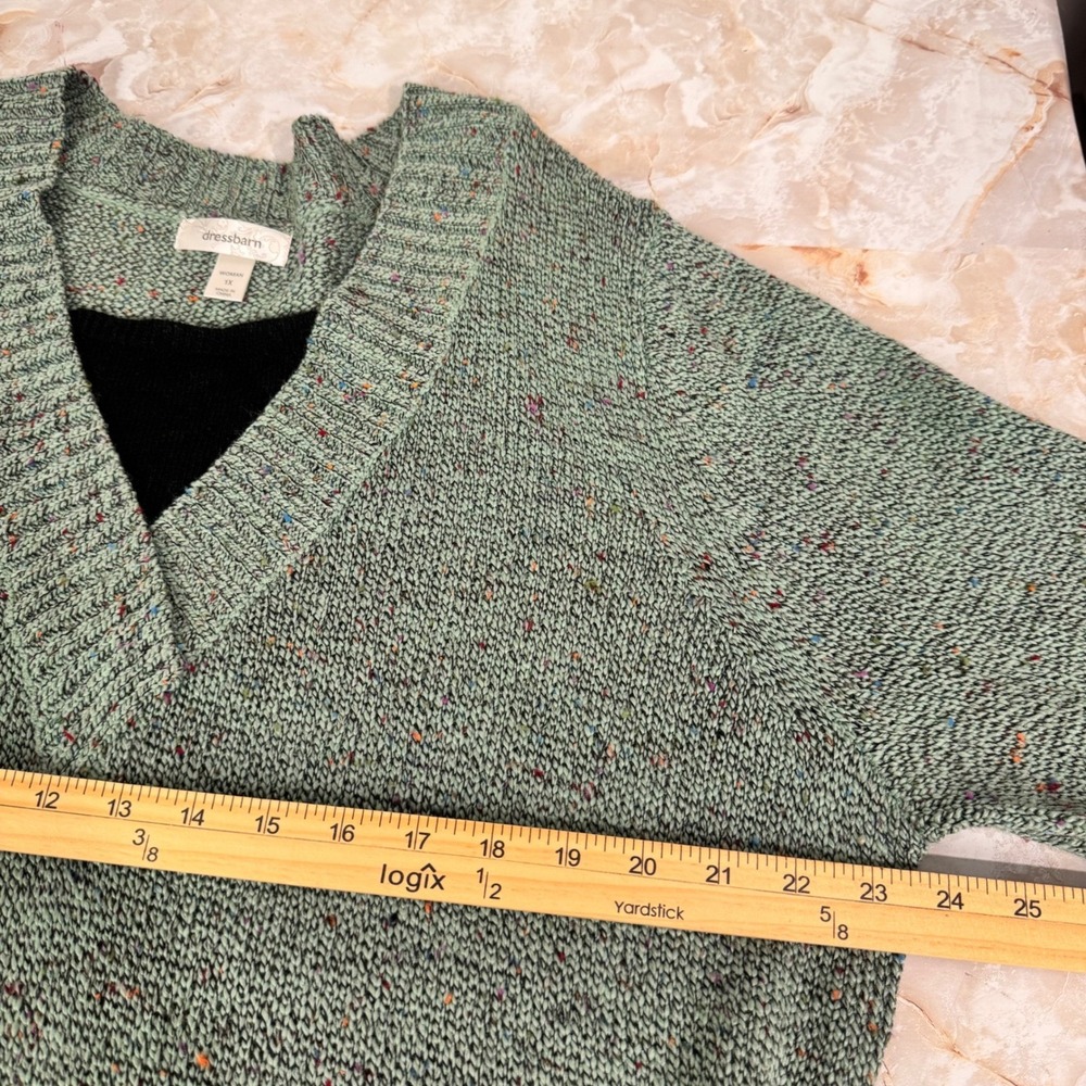Dressbarn Pullover Womens 1X Green 3/4 Sleeve Marled Confetti V-Neck Sweater - Picture 8 of 10